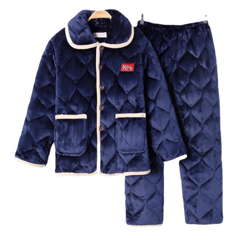 Winter Men's Quilted Pajamas Flannel Three-layer Quilted Thickened Warm Pajamas Suit Home Clothes for Middle-aged and Elderly