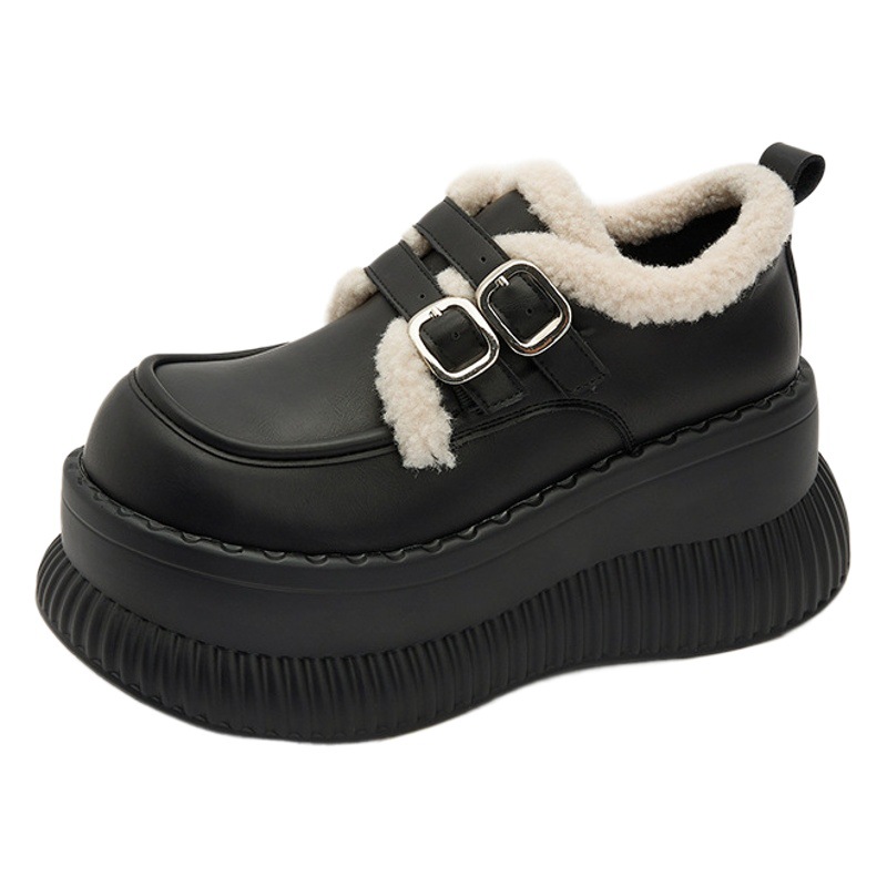 Plush Loafers for Women 2024 New Autumn and Winter Warm Furry Shoes Black Versatile Small Leather Shoes Thick Sole Heightening Cotton Shoes