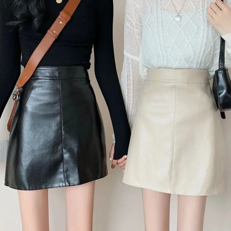 Leather Skirt Skirt Women's 2024 Spring and Autumn New Anti-glare Short Skirt High Waist Slimming PU Leather A- Line Skirt Hip Skirt