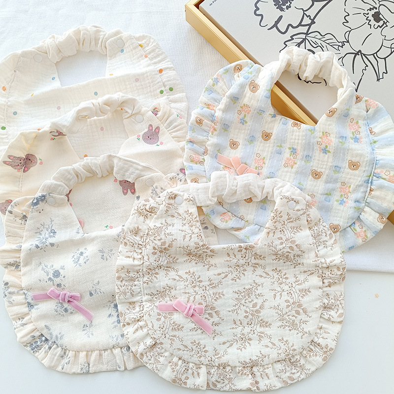 Picture of Korean Style Spring and Summer Thin Baby Saliva Napkin Newborn Cotton Gauze Waterproof Bib Sweet Simple Lace Bib