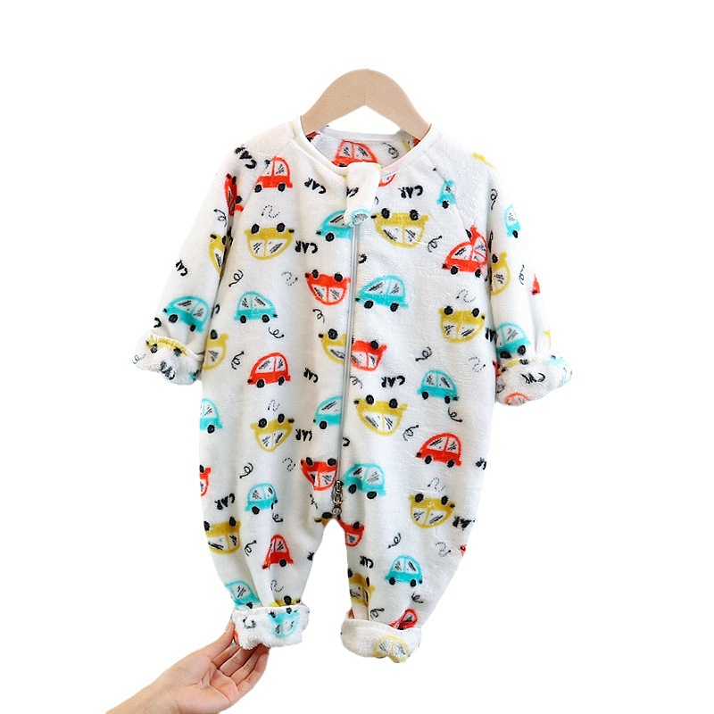 Picture of Flannel Pajamas fleece-lined thickened coral fleece full printed car baby sleeping bag autumn and winter children's one-piece romper