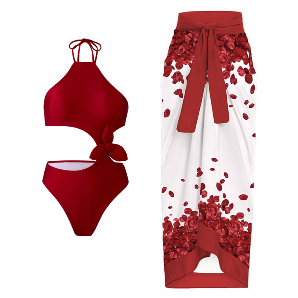 Qiao Jiayuan 2025 New 3D Three-dimensional Flower Sexy European and American Neck 2-piece Swimsuit Women's Swimsuit suit Chiffon Dress
