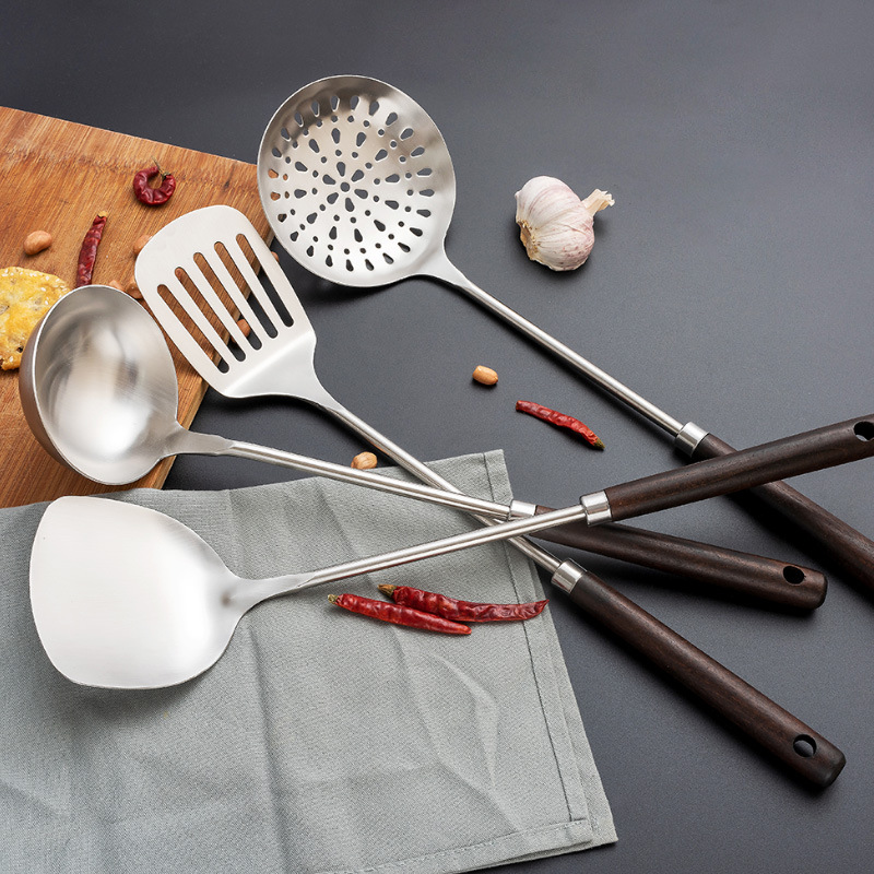 Picture of Kitchen Cooking Utensils Four-piece Set Soup Spoon Long Handle Household Stir-frying Shovel Set Wooden Handle Stainless Steel Pot