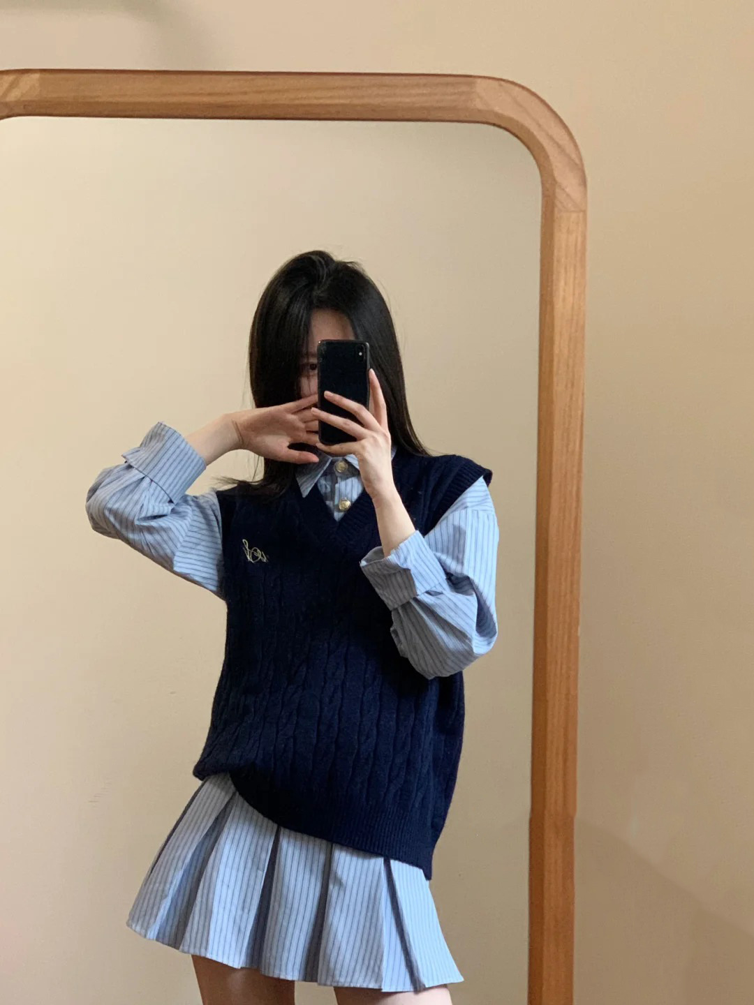 suit Women's 2024 Autumn Korean Age-reducing Knitted Vest Overlapping Striped Shirt Skirt dress Two-piece Set