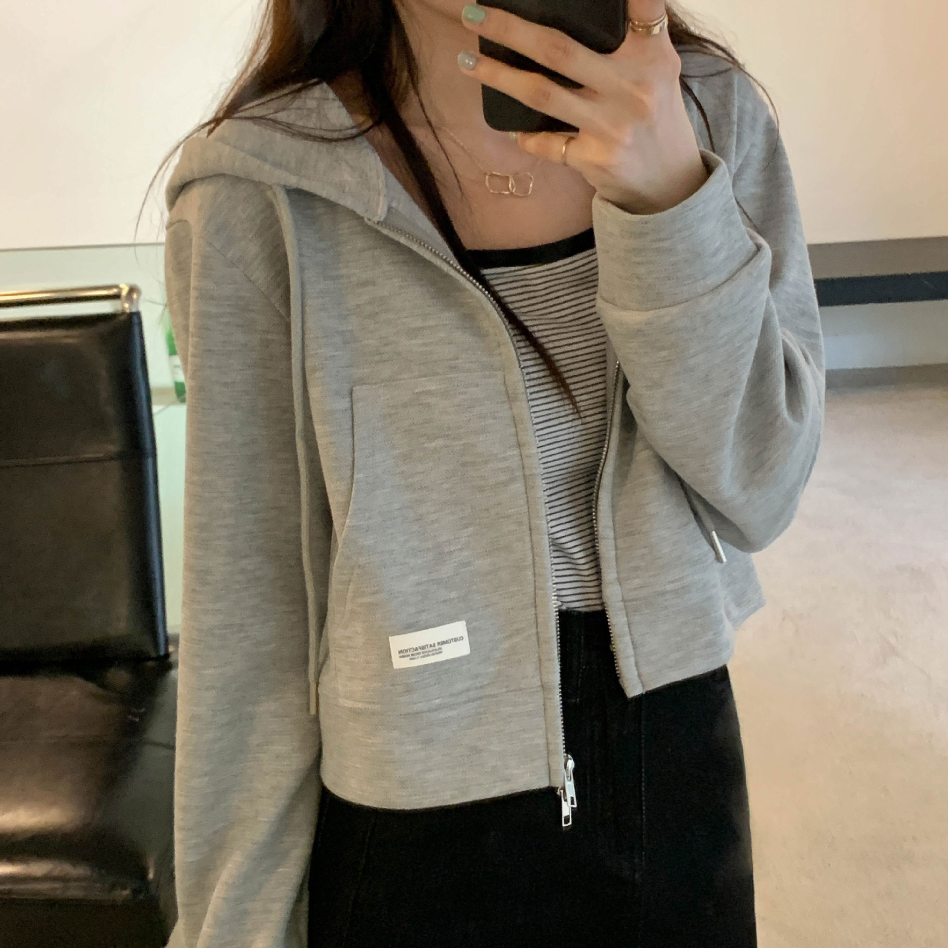 Picture of Thin Cotton Sweatshirt Women's Short Design Spring and Summer Short Pink Top Casual Hooded Cardigan Zipper Jacket