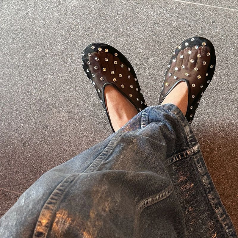 Mesh Rhinestone Hollow Shoes Women's 2024 Summer New Fashionable All-match Flat Low Heel Ballet Shoes Trendy