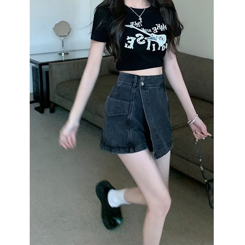 American style Denim culottes women's summer new retro high waist slimming a-line small hip skirt ins fashion