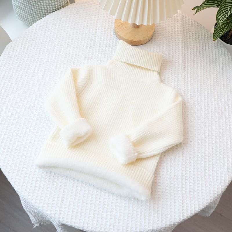 Picture of [in stock boys' one-piece velvet sweater children's semi-turtleneck sweater girls white fleece-lined thickened wool low