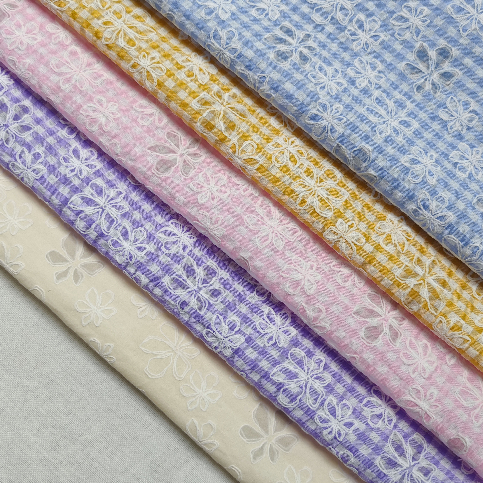 Spring and Summer Woven Fabric Fresh Yarn-Dyed Plaid Six-Leaf Flower Line Foam Printed Fabric Dress Children's Clothing Home Boutique