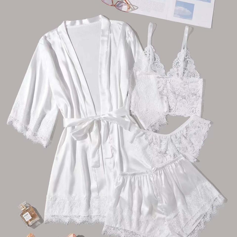 Cross-border pajamas women's summer silk plus size European and American pajamas sexy suspenders lace four-piece wholesale