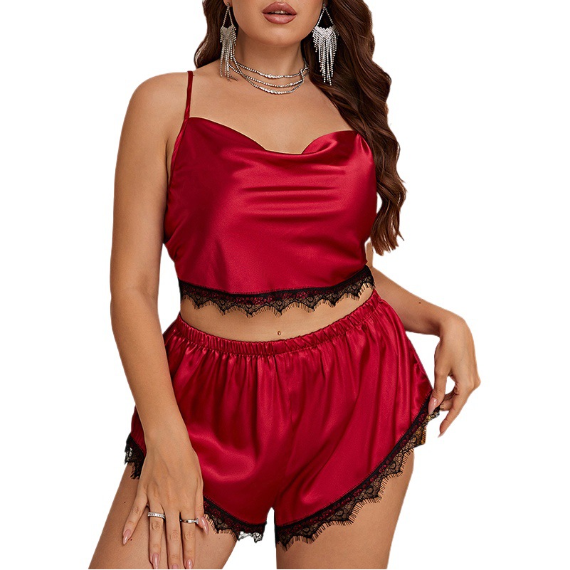 European and American Style Large Size Pajamas Sling Shorts Two-piece Set Summer Breathable Silk Ice Silk Home Clothes Women's Outer Wear