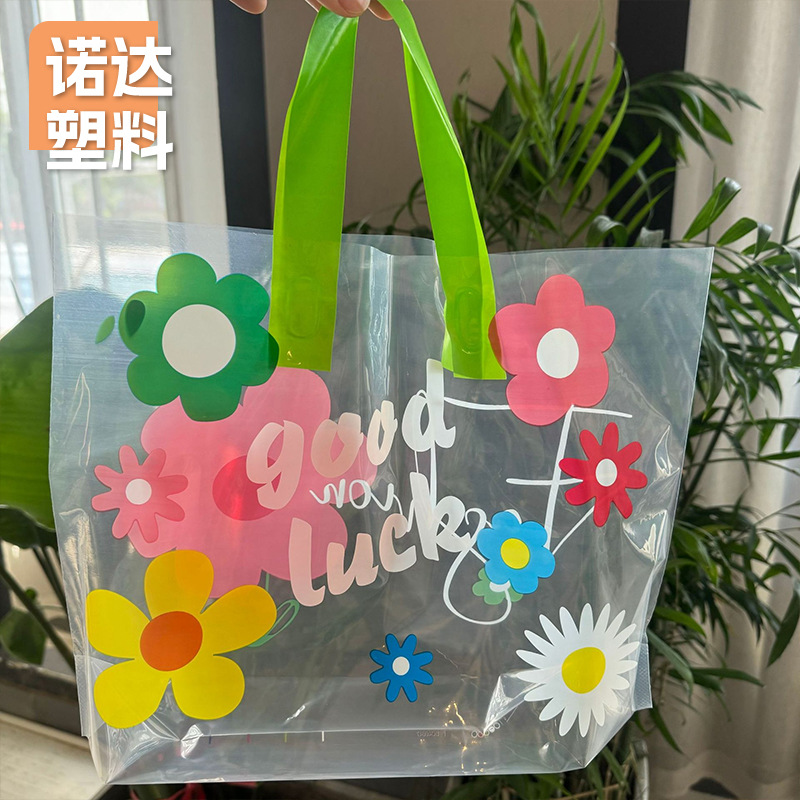 New Transparent Floral Plastic Tote Bag for Clothing Store, Ins-Style Hand-Held Shopping Bag with Handle