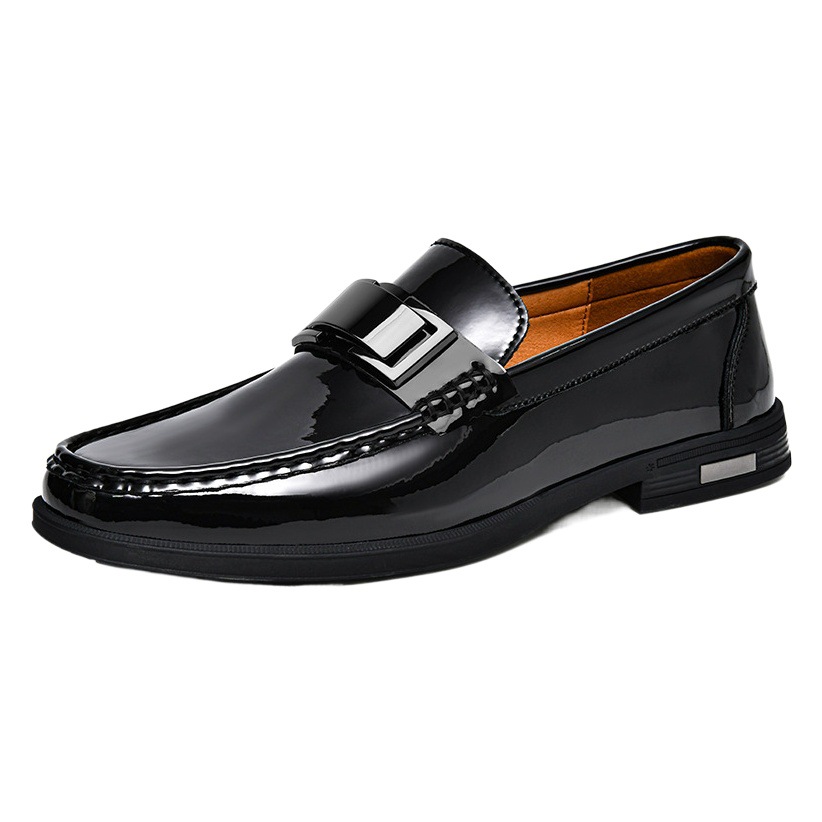 8010 Men's Shoes Lefu Leather Shoes Spring Low-top Leg Patent Leather Face Metal Buckle Business Casual Shoes Large Size Trendy Single-layer Shoes