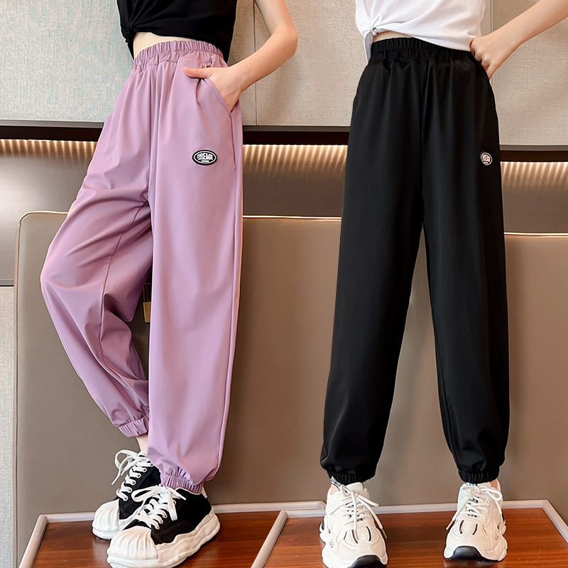 Summer Girls' Ice Silk Pants 2024 New Large Children's Solid Color Quick-drying Pants Children's Sports Pants Student Anti-mosquito Pants for Women