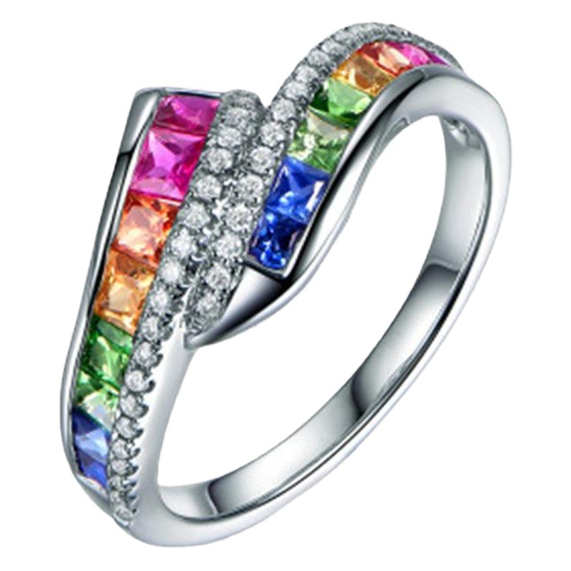 European and American Cross-border Jewelry Luxury Diamond Rainbow Gem Ring Women's Shining Elegant Red and Blue Zircon Ring