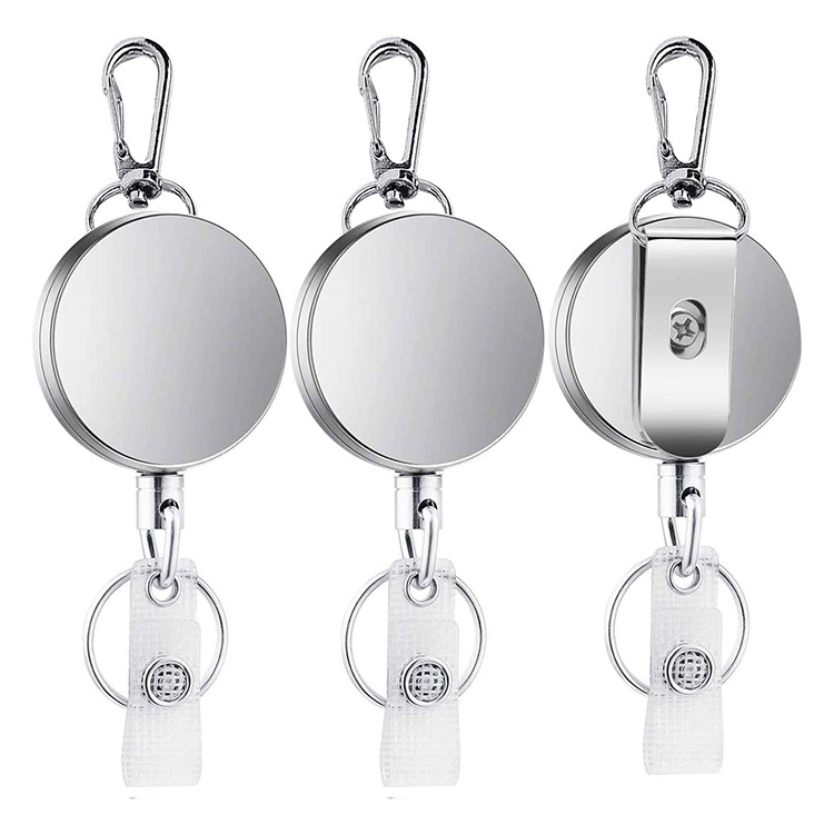 Spot 4cm Silver Metal Stainless Steel Telescopic Keychain High Elastic Easy-Pull Buckle Id Buckle Easy-Pull