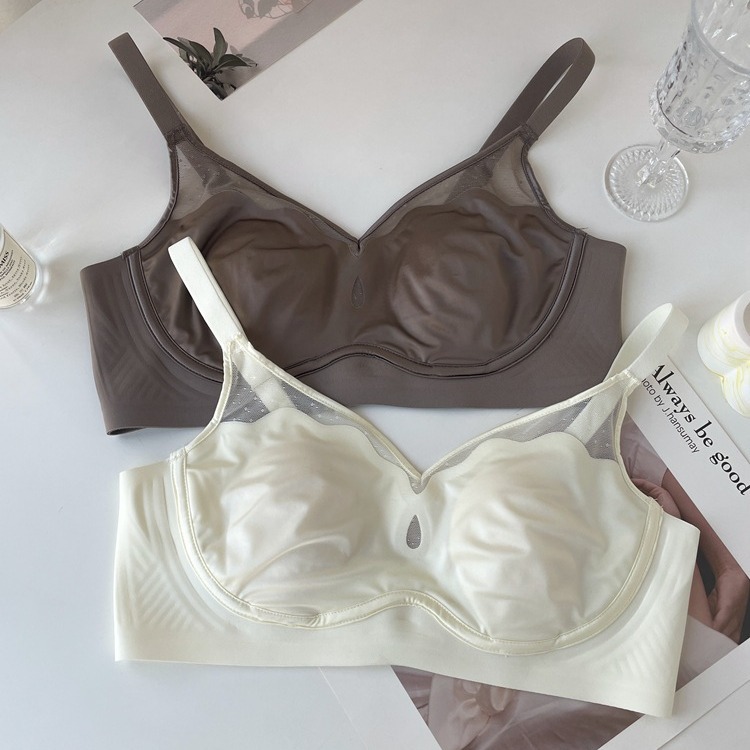 Original French light luxury satin! Thin Large Chest Small Chest Underwear Women's Mesh Thin Anti-sagging Bra without Steel Rings