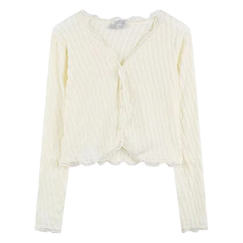 French gentle niche cardigan shirt V-neck long sleeve lace stitching slimming short outer wear design sense outer wear