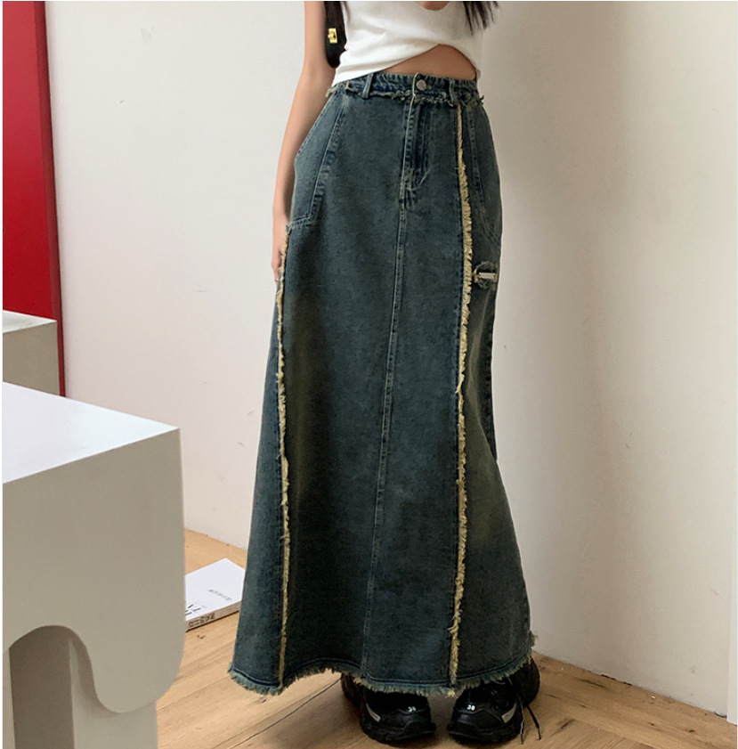 2023 Spring and Summer New Slimming Design Retro Fur Edge Split Denim Skirt Women's Long Skirt