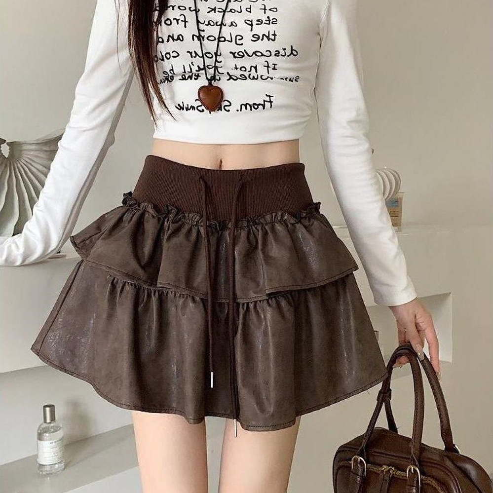Design Sense Ruffled Leather Skirt Autumn 2025 New High Waist Slimming Cake Puff Skirt Women's Clothing