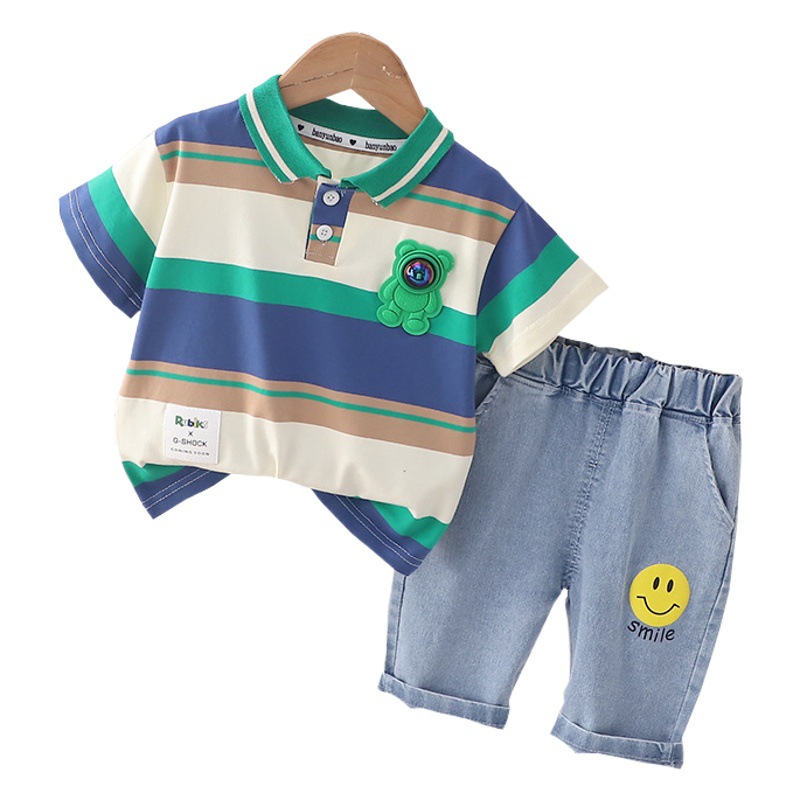 Children's summer clothing luminous foreign style suit 2023 boys Korean fashion lapel POLO short sleeve pants two-piece suit