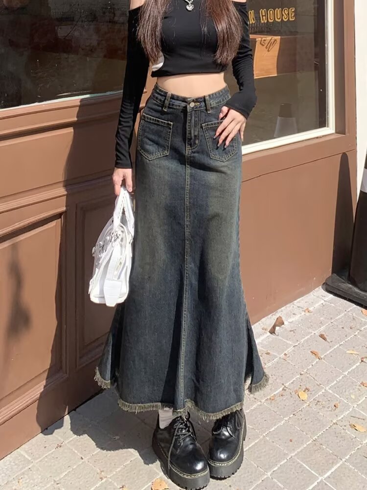 Retro Mid-Length Denim Skirt for Women with Hip-Covering Design, High-Waisted Large Size Fishtail Half-Length A-Line Slimming Look Hip-Hugging Skirt