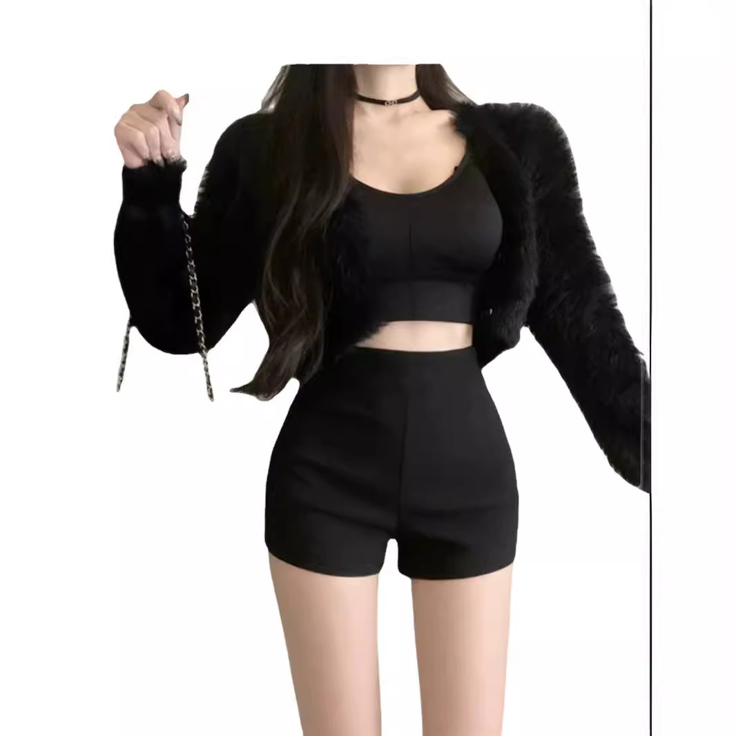 Picture of Black high waist hot girl wear slim fit tight slimming shorts women's autumn and winter stretch casual fleece-lined bottoming boot pants