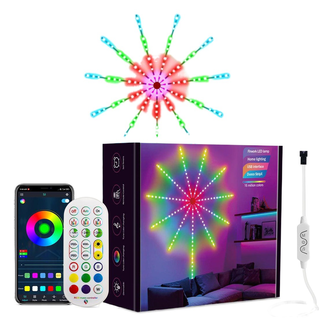 LED fireworks decorative lights with mobile phone app music 5v magic flowing water full color Starry Sky Festival decorative atmosphere light