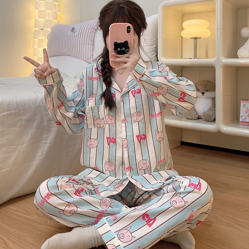 Pink Piglet Print Cloud Cotton Long Sleeve Pajamas Women Spring and Autumn Cartoon Cute Girl Home Clothes suit Wholesale