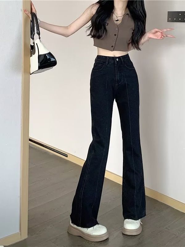 American-style Korean-style Spring and Autumn Micro-horn Rough Edge Design Jeans Women's High Waist All-match Small Zhonggao Street Wide-leg Pants