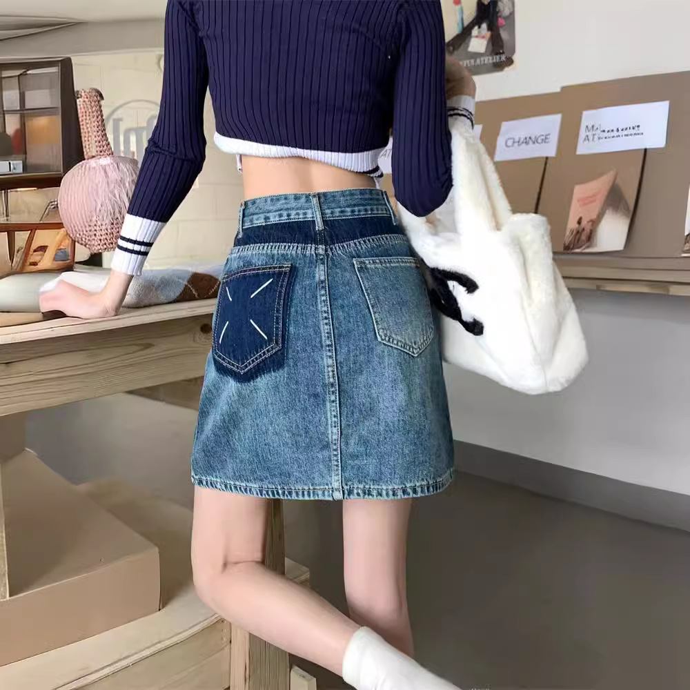Niche Design Sense Denim Skirt Women's 2024 Summer New High Waist Slim A- line Hip Contrast Short Skirt