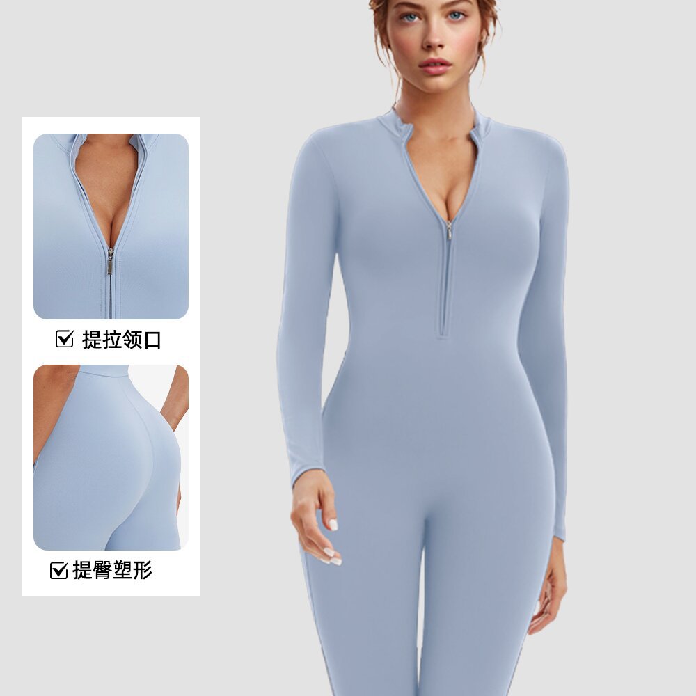 Women's Sports Bodysuit High-elastic Slimming Hip-lifting Yoga Suit Long-sleeved Training Fitness One-piece Zipper Bodysuit