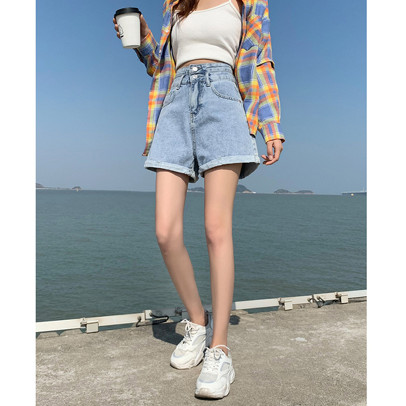 508 personality Denim shorts women's spring and summer new high waist wide leg loose all-match slimming curling A- line hot pants trendy