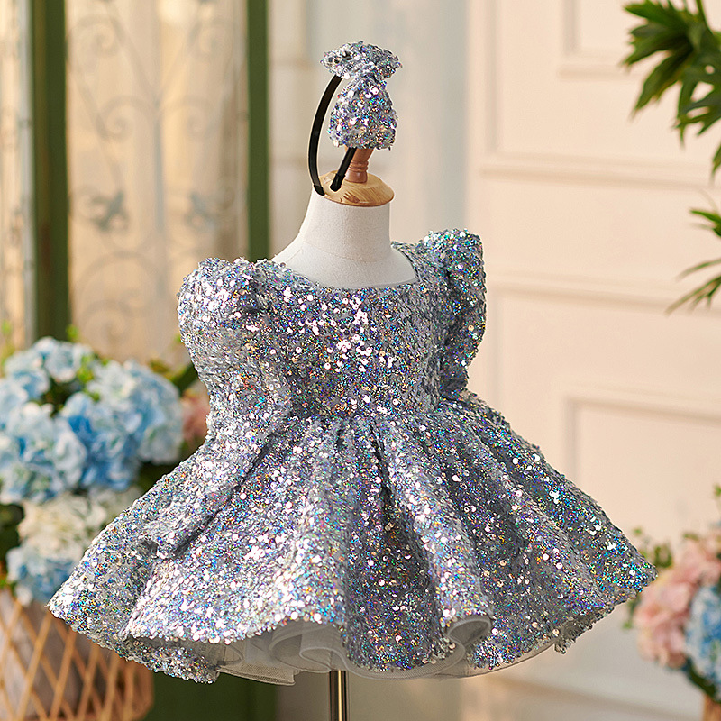 Picture of Girls' silver sequined one-year-old dress 2025 new AliExpress super fairy long sleeve puffy princess dress manufacturers supply