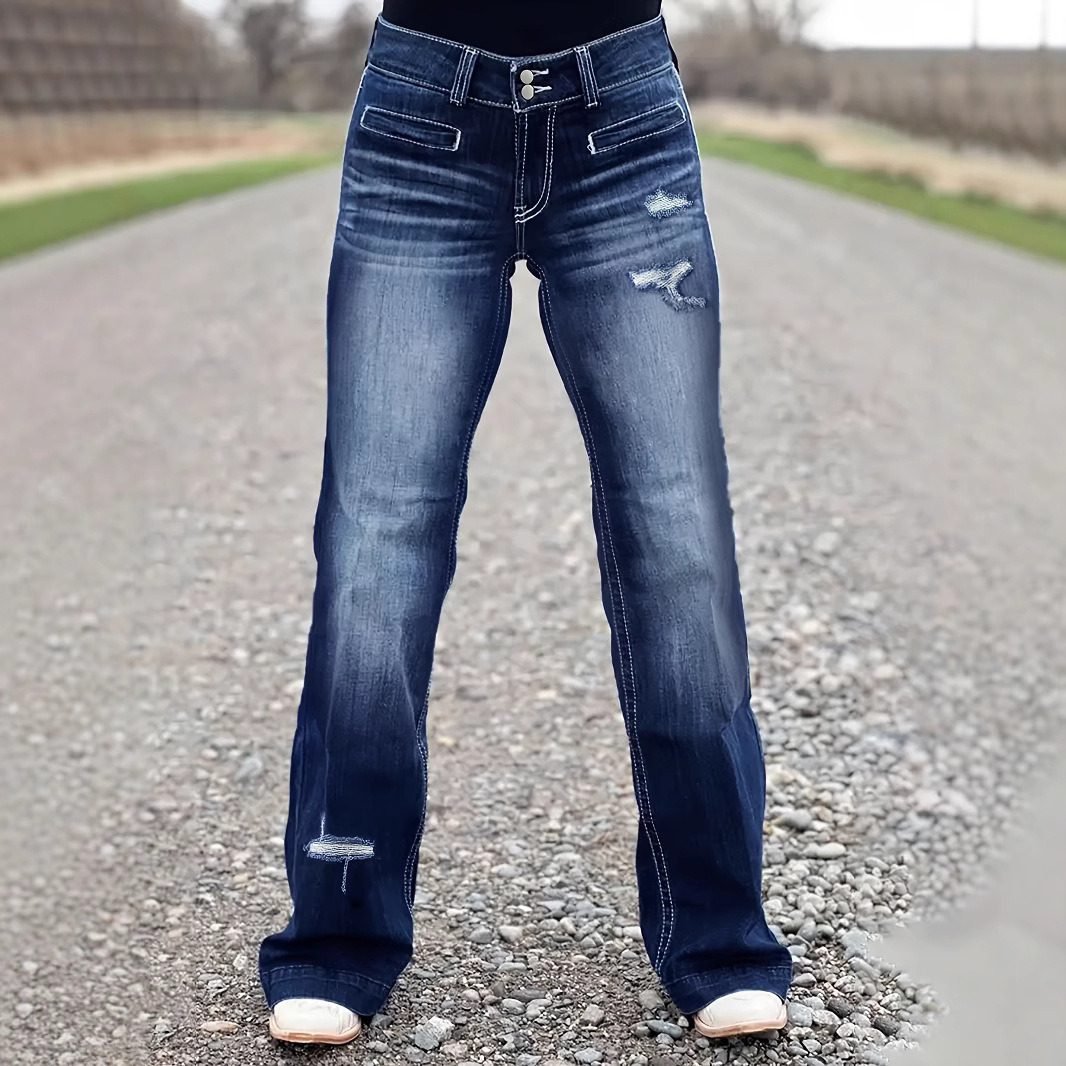 2025 New Cross-border Amazon Hot Sale Europe and America New Women's Embroidery Wear Middle Waist Slim-fit All-match Denim Long