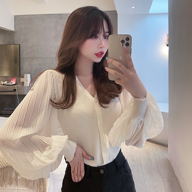 chic Lantern Long-sleeved Cardigan Top Women's chic Korean-style Chiffon Stitching V-neck Slim-fit Sweater