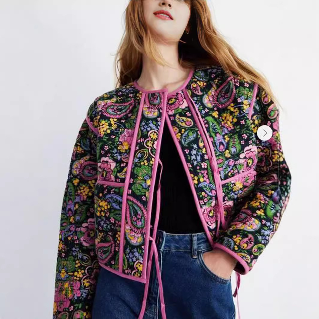 Picture of European and American Cross-border 2024 Autumn and Winter New European and American Style Purple Lace Floral Printed Cardigan Cotton Jacket