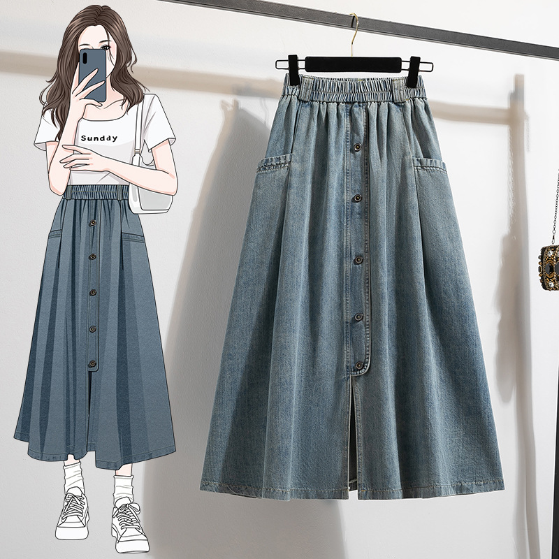Real Shot of Pure Color Denim Washed Autumn and Summer Clothes Plus Size Fashionable Design Slightly Fat Slimming Denim Skirt Women's Long Style