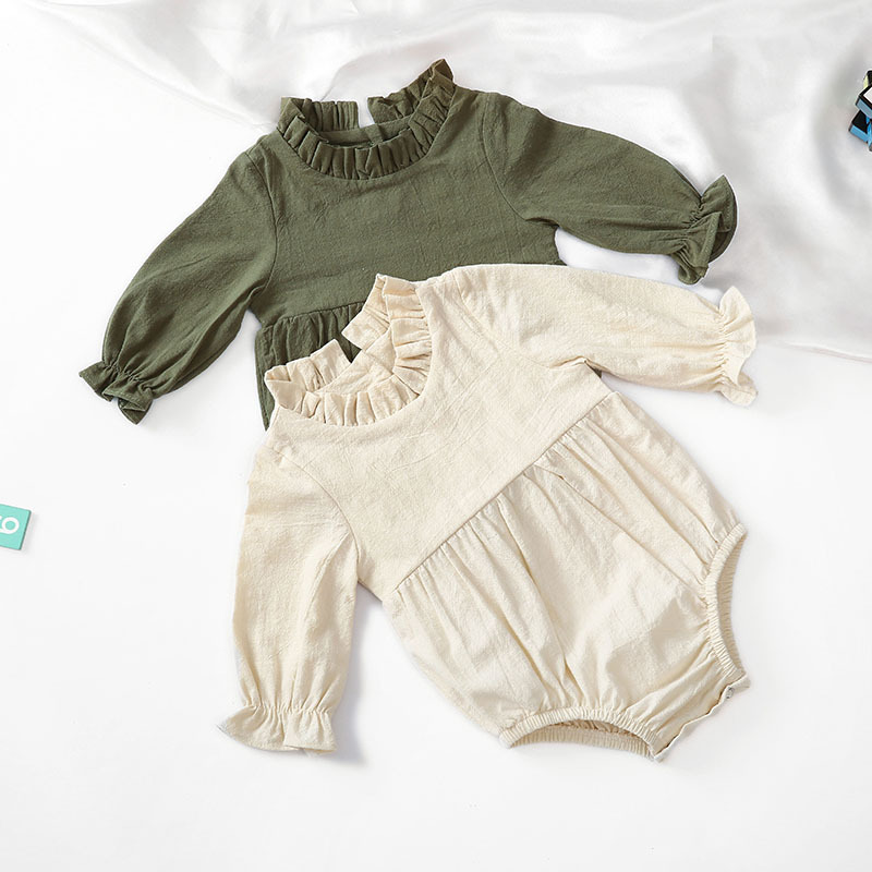 Picture of Cross-border New Long-sleeved Cotton and Linen Newborn Hatshirt Solid Color Flying Sleeve Lace Collar Baby Jumpsuit Children's Hatshirt