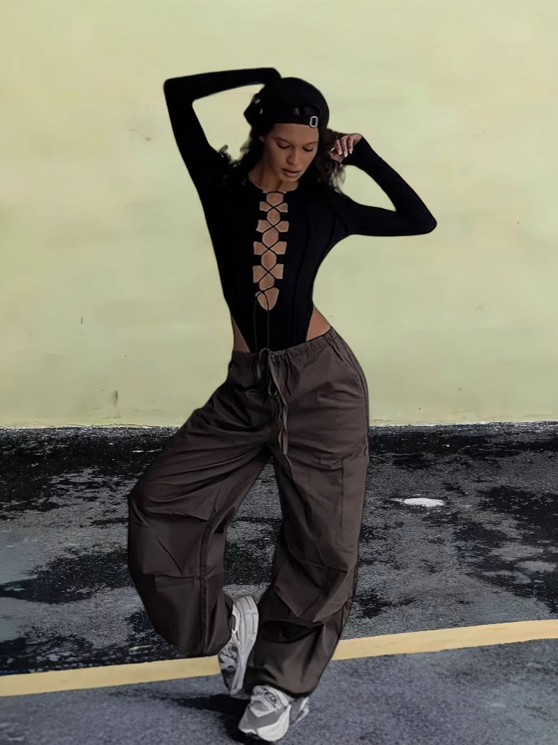Picture of European and American style foreign trade ins fashion women's sexy big V hollow lace-up anti-car pit slim-fit long sleeve jumpsuit for women