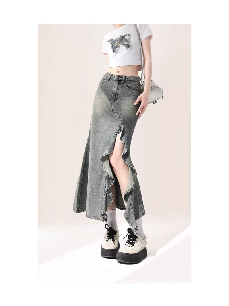 Summer Irregular Denim Split Fishtail Skirt Skirt 2024 New Women's Autumn High Waist A- shaped Hip Skirt