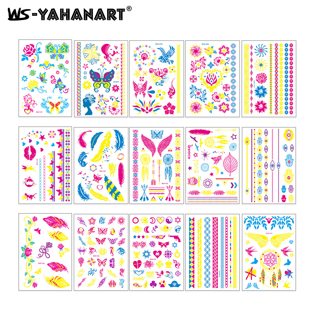 Picture of Cross-Border New Creative Fluorescent Flower Arm Tattoo Face Stickers Waterproof Feather Tattoo Arm Tattoo Stickers in Stock
