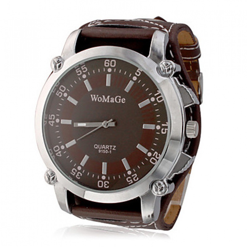 Picture of Fashionable Versatile Men's Leather Strap Watch, Womage Large Dial Quartz Wristwatch, Casual Student Watch with Large Dial Design