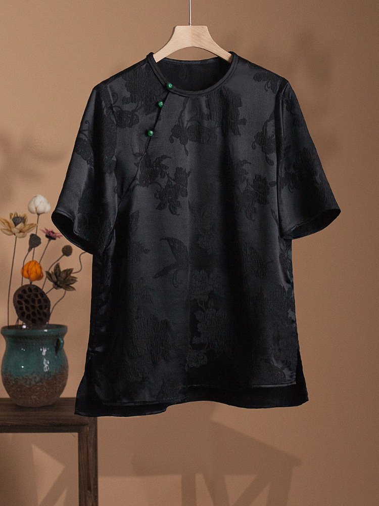 [Four Seasons Green] Silk Jacquard Satin New Chinoiserie Top for Women Mulberry Silk Jade Button Diagonal Placket Chinoiserie Shirt