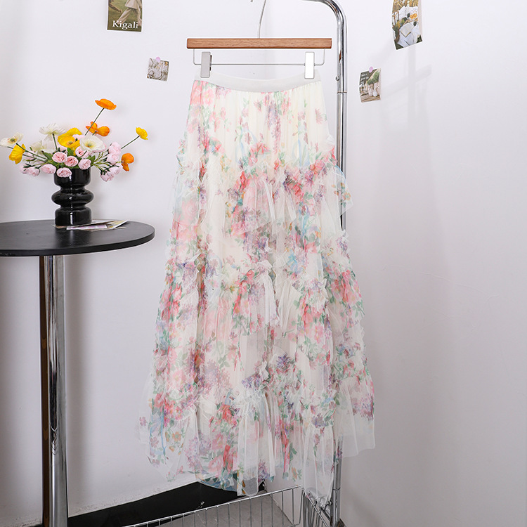 Picture of Fei Yuan High Waist Elaptic A- line Mesh Half Skirt Summer New Style Layered Floral Cake Skirt for Women
