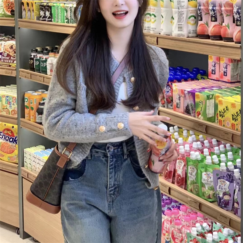 Gray Knitted Cardigan Jacket for Women, Early Spring and Autumn 2025 New Style, High-End Design, Niche Fragrance Style Top