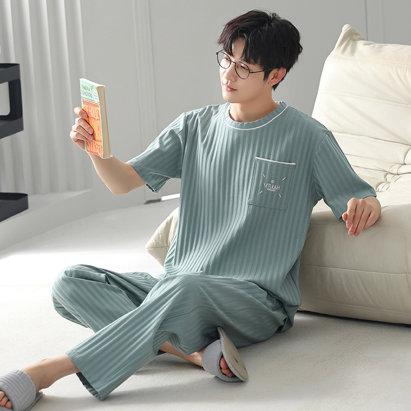 Men's Pajamas Summer Cotton 2024 New Short-sleeved Trousers Round Neck Thin Outwear Home Wear Men's Suit