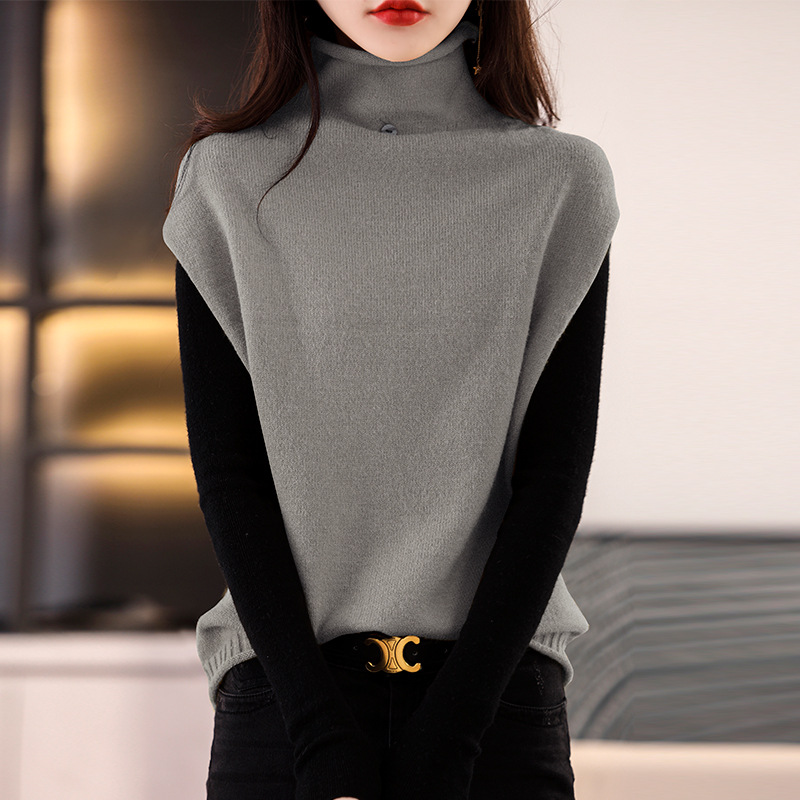 Picture of Real Shot Vest Women's Autumn and Winter New Sleeveless Top High Collar Button Loose Slimming Wool Knitted Waistcoat