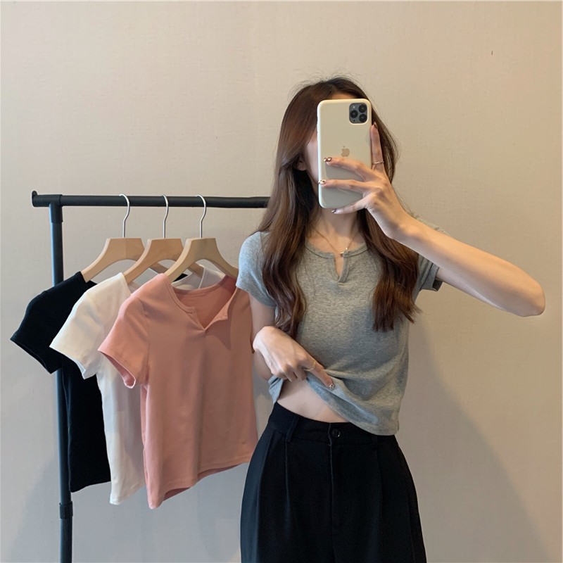 2023 new short women's summer design slim-fit cropped hot girl Women's T-shirt short sleeve student top T-shirt women