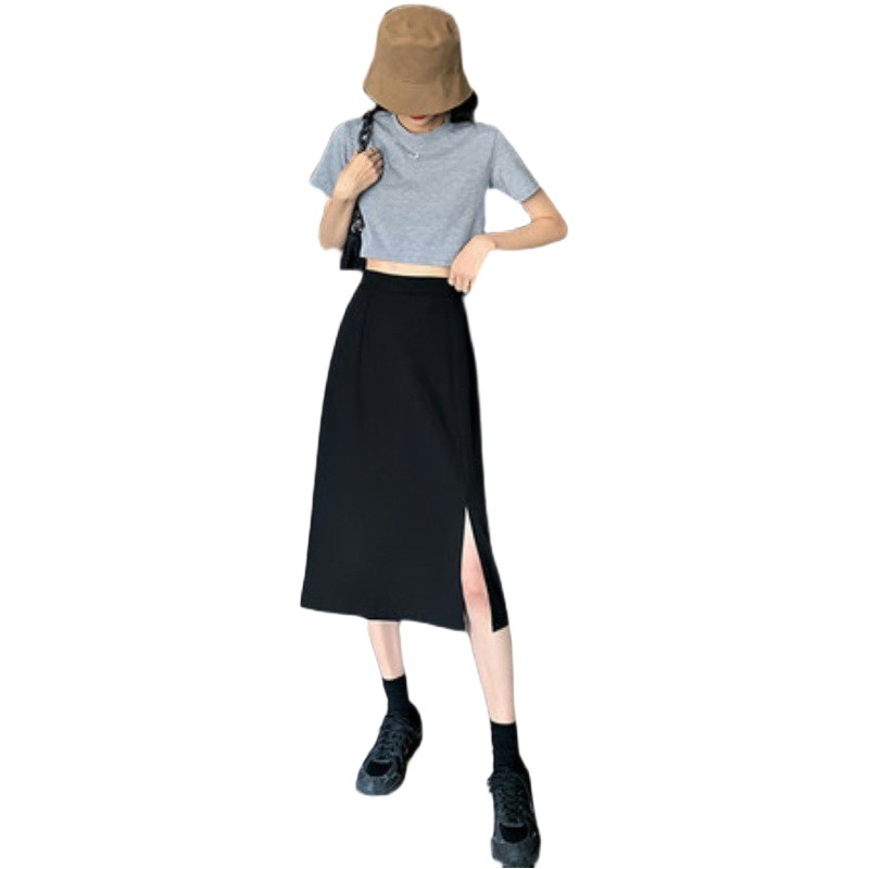 New black skirt summer mid-length super fairy overskirt 2024 small temperament high waist versatile A- line skirt
